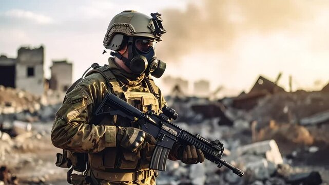 Soldier in military uniform with weapon in war zone