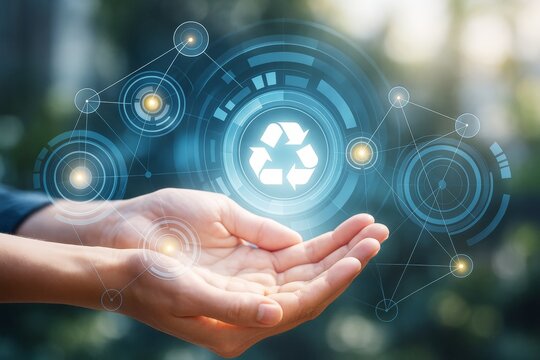 Hands holding holographic recycle icon with futuristic digital interface, symbolizing eco technology and sustainability concept on abstract background.