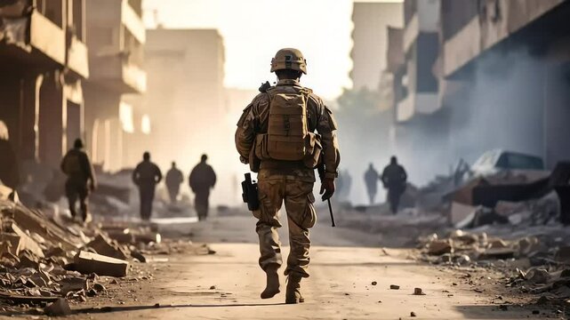 Soldier walks through war torn cityscape