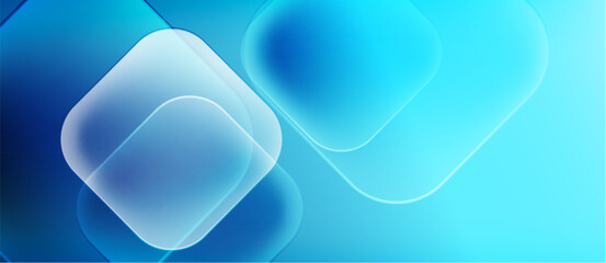 Abstract blue shapes overlap, creating soft gradients. Minimalist design evokes technology, innovation, modern aesthetic. Light plays with transparency.