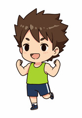 Cartoon Boy Flexing Muscles in Sportswear, Happy and Energetic