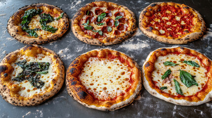 Freshly Baked Artisan Pizzas with Various Toppings on Rustic Table