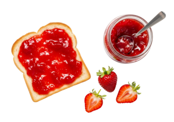 A delightful breakfast with bread and strawberry jam arrangement is presented from a direct overhead, white background isolated