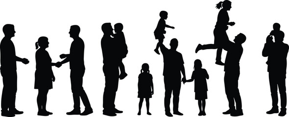 Silhouettes of family interaction, parents with children, bonding moments, love, communication, parenting, isolated people, black figures, childhood, caring support