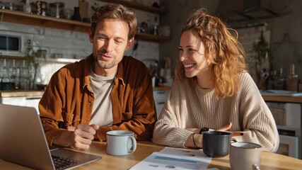 Young couple reviews financial planning strategy with advisor on video call while examining charts and documents at home
