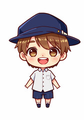 Cartoon Boy with Brown Hair and Blue Hat Smiling