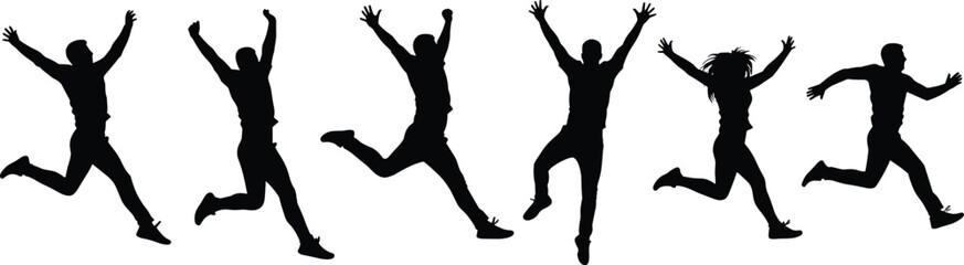 Silhouettes of happy people jumping, running with joy, arms raised, celebration, freedom, energetic movement, group activity, dynamic human motion, fun