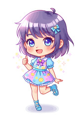 Cute Chibi Girl with Purple Hair Giving Thumbs Up