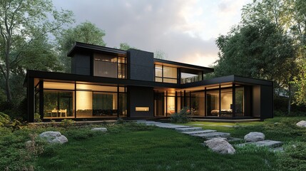 Obraz premium Elegant modern home with black metal and natural wood finishes, surrounded by grass and stone.