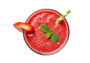 Red strawberry smoothie is presented from a direct overhead, white background isolated