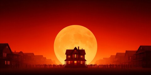 Halloween Festival at a Spooky Haunted House, A surreal scene featuring a house silhouetted against a large, glowing moon and a vibrant red sky.