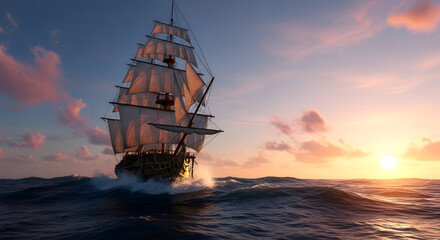 Majestic Sailing Ship Cruising Across the Ocean at Golden Sunset
