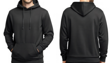 Black mens pullover hooded sweatshirt isolated on transparent background