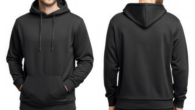 Black mens pullover hooded sweatshirt isolated on transparent background