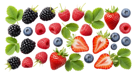 Fresh strawberries, raspberries, and blueberries on a white background, perfect for a healthy summer dessert