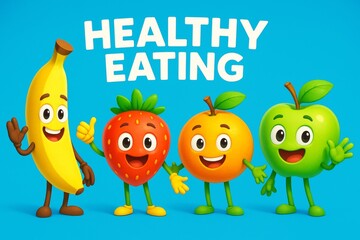 Cheerful cartoon fruits with smiling faces promoting healthy eating on bright blue background for children's nutrition education concept. Ai generative