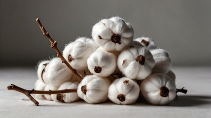 A stack of white sheets with a cotton flower on top. The sheets are piled on top of each other, creating a sense of order and cleanliness. The cotton flower adds a touch of natural beauty