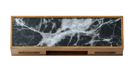 Wooden frame shelf with black marble surface