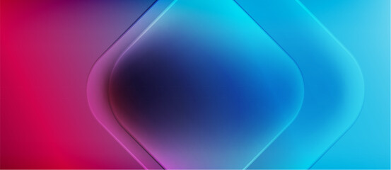 Abstract gradient background. Pink, purple, blue hues blend smoothly. Geometric shapes create luminous central focus. Modern design.