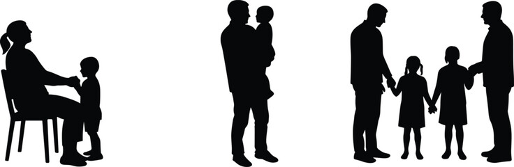 Silhouettes of parents with children, family bonding, sitting and standing, caring gestures, parenting love, emotional connection, father and mother moments