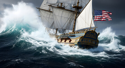 Obraz premium Grand Sailing Ship with American Flag in Turbulent Ocean Storm