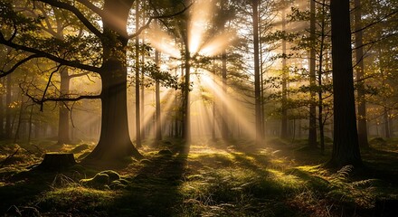 Fototapeta premium Golden sunbeams pierce through the misty autumn forest, illuminating a lush, mossy floor and creating a breathtaking, ethereal scene.