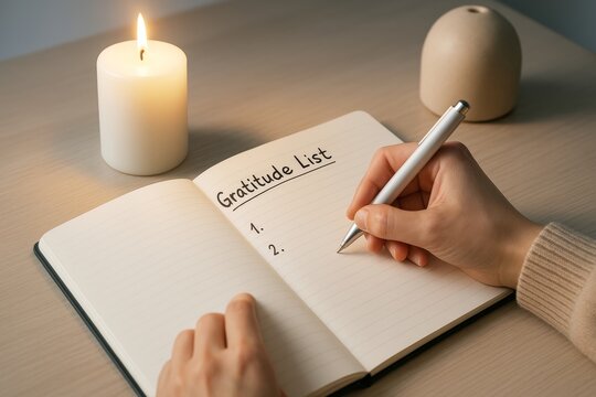 Person writing a gratitude list in a notebook beside a lit candle on a cozy desk with warm ambient light and calming background atmosphere. Ai generative