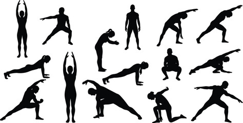 Silhouettes of people stretching, exercising, yoga poses, warm up, fitness workout, body training, full body exercise, physical activity, balance