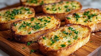 Toasted bread slices topped with melted cheese and herbs