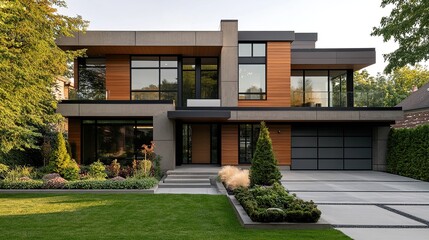 Fototapeta premium Two-story modern house with wood and concrete exterior, front yard with landscaping.