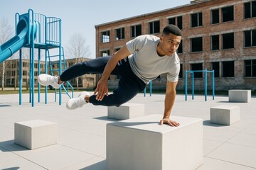 Young man practicing parkour in urban outdoor gym, balancing mid-air on concrete block under clear sunlight with blue sky background. Ai generative