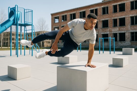 Young man practicing parkour in urban outdoor gym, balancing mid-air on concrete block under clear sunlight with blue sky background. Ai generative