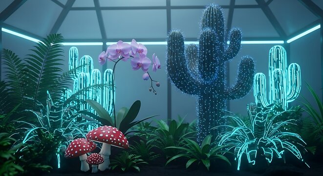 A bioluminescent botanical garden with cacti orchids and mushrooms - Powered by Adobe