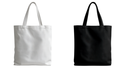 Two Tote Bags, One White and One Black, Displayed Together