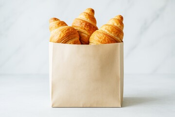 Paper bag mockup with croissants on light marble background, clean design template for bakery branding or packaging presentation concept. Ai generative
