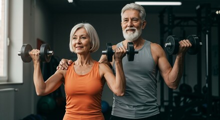 Senior couple exercising with dumbbells in modern gym interior