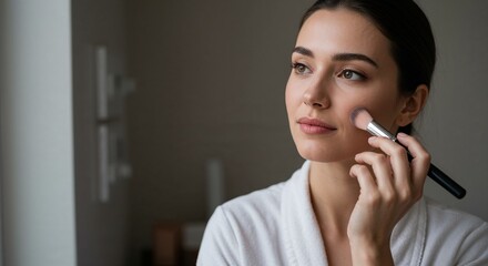 Young woman applying makeup with brush in bright indoor setting -  