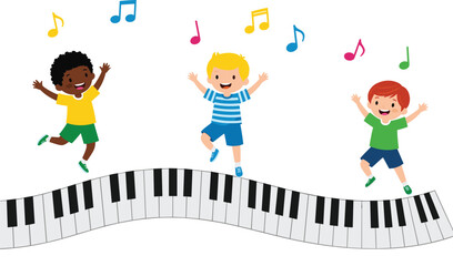 Happy cartoon children jumping on piano keys, colorful music notes, fun kids illustration, musical playtime, cheerful group, joyful learning activity, vector art © Rifat Creations