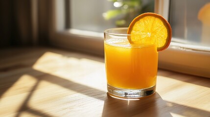 Glass of orange juice with a slice of orange on the rim, placed by a sunny window.