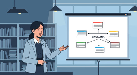 Woman presenting backlink strategy in an office setting for digital marketing tutorial