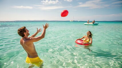 Joyful couple playing with a red ball in crystal clear turquoise ocean water on a sunny day