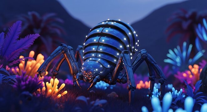 A mechanical spider with glowing lights on a dark alienlike landscape with glowing plants