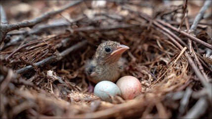 Obraz premium Baby bird in nest with eggs
