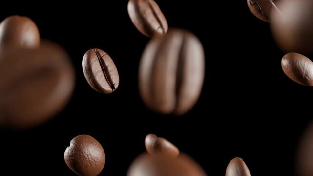 Closeup of Roasted Coffee Beans Falling in Slow Motion.
