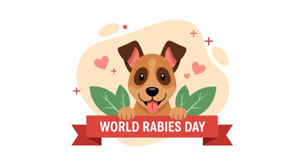 Vector art of cute cartoon dog with a banner that says world rabies day, symbolizing awareness and prevention of the disease, isolated on white background
