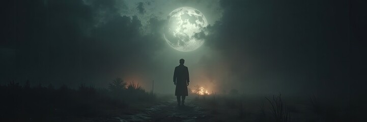 Solitary figure stands on a path under a full moon.