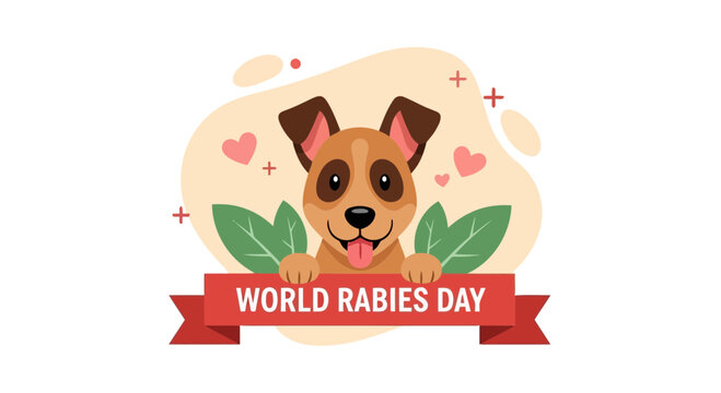 Vector art of cute cartoon dog with a banner that says world rabies day, symbolizing awareness and prevention of the disease, isolated on white background