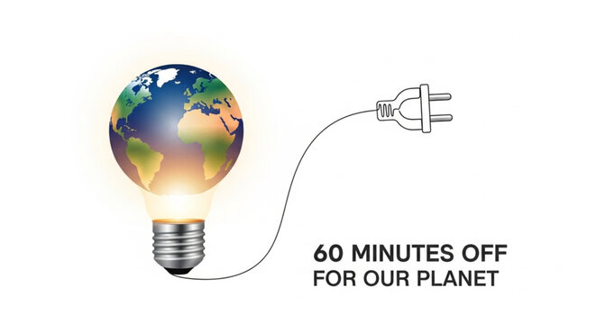 Conceptual image of a light bulb with the Earth's continents on it, connected to a plug, with the text "60 minutes off for our planet".