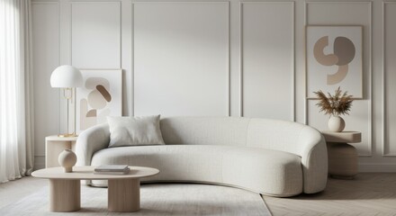 A stylish modern living room interior featuring a curved beige sofa and minimalist decor