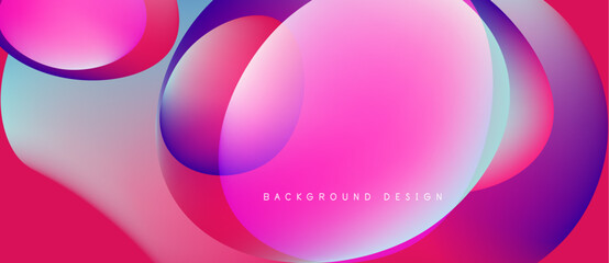 Abstract fluid shapes overlap, creating vibrant pink, blue gradients. Modern design suggests energy, movement, dynamic composition.